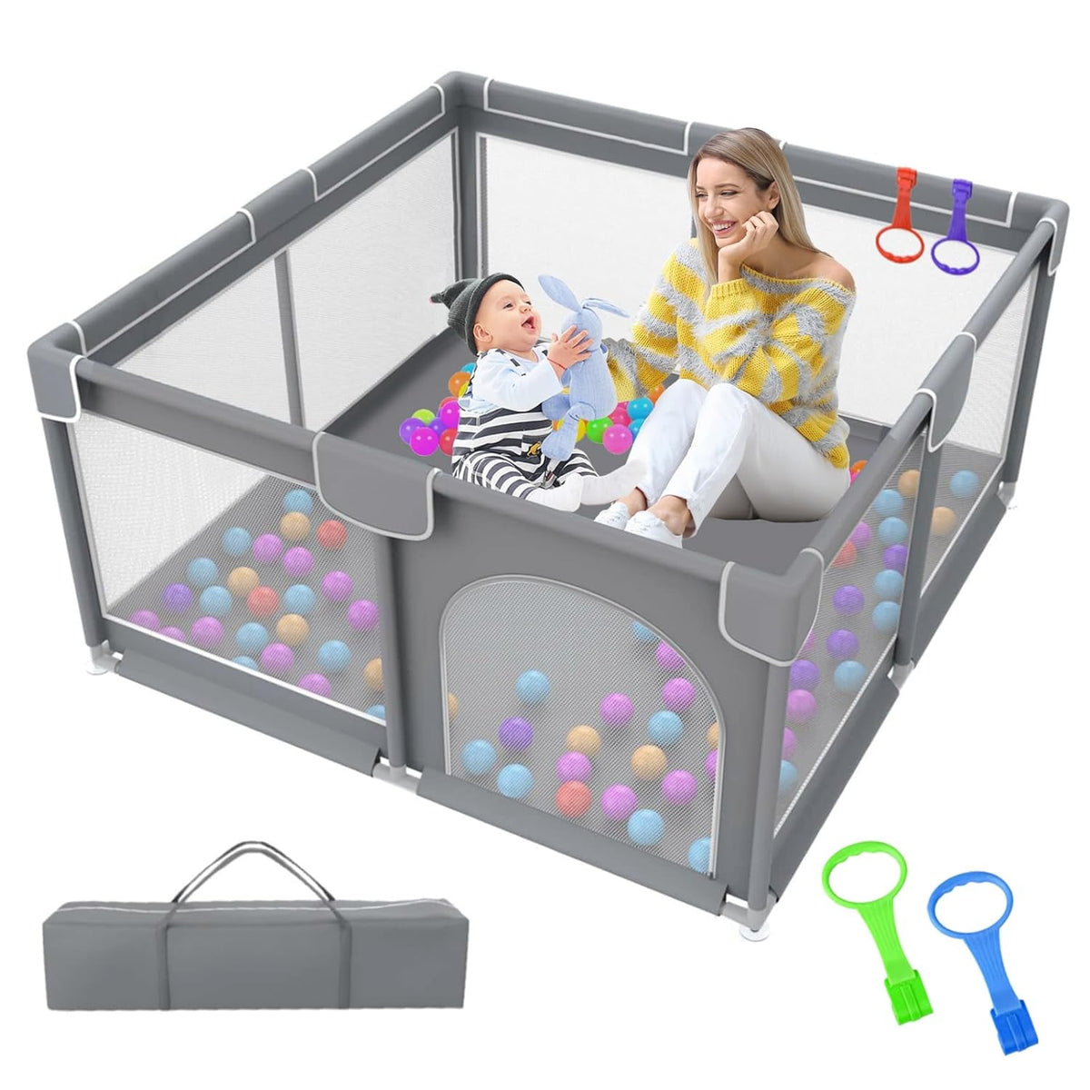 Kid Odyssey Baby Playpen, 50x50x27" Large Activity Center with Gate, Anti-Slip Base, Gray