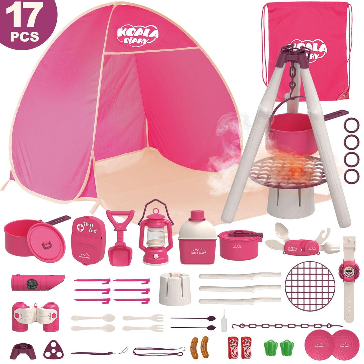 Kid Odyssey Kids Camping Set with Tent - Toddler Toys for Girls with Campfire, Camping Toys for Kids Indoor Outdoor Pretend Play, Gift Idea for Boys Girls Age 3,4,5,6 Year Old Birthday (Pink)