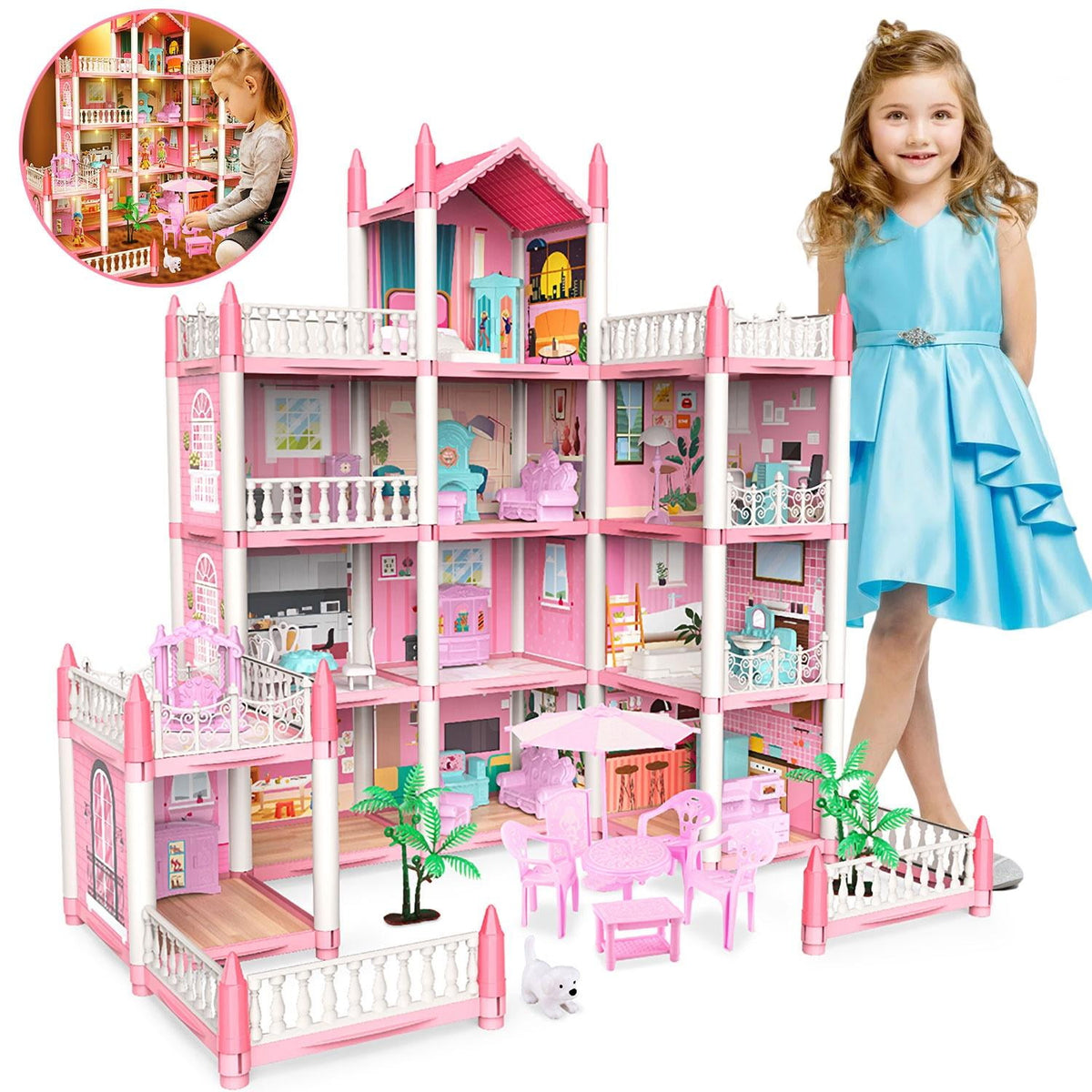 Kid Odyssey Play Dollhouse with 4 Doll Toy Figures, 11 Rooms Furniture and and Colorful Lights, Creative Doll House Gift for Girls Ages 3+, Assemble Required, Pink