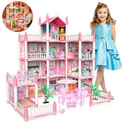 Kid Odyssey Play Dollhouse with 4 Doll Toy Figures, 11 Rooms Furniture and and Colorful Lights, Creative Doll House Gift for Girls Ages 3+, Assemble Required, Pink