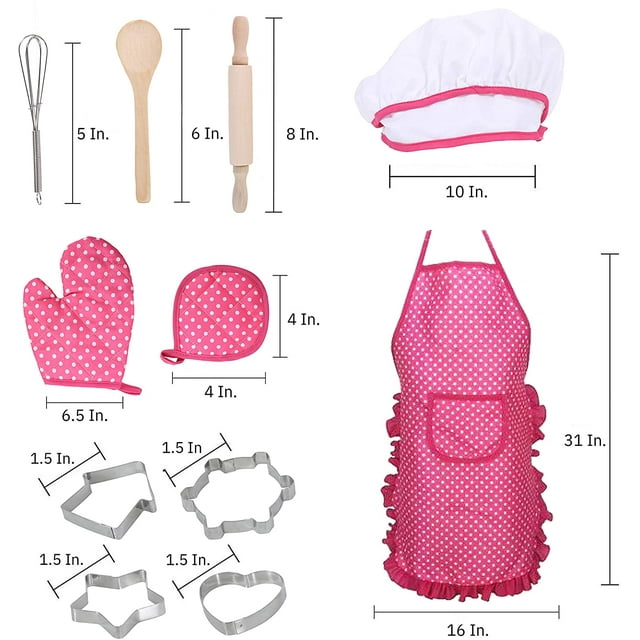 JMH Girls Kitchen Play Set 11pcs Cook Set for Kids - Pretend Play Toys in Pink, with Dress up Costume and Accessories