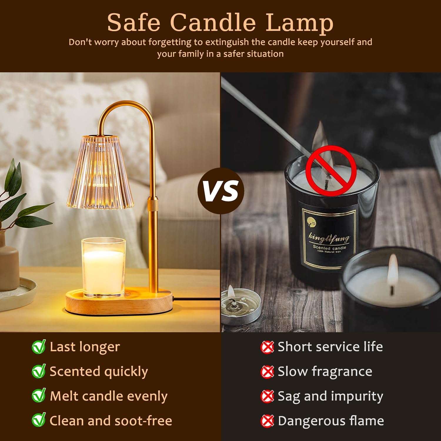 Candle Warmer Lamp with Timer, Dimmable, Adjustable Height - Electric Top Down Melting for All Jar Candles - Home Decor Wax Melter Light in Amber (Includes 2 Halogen Bulbs)