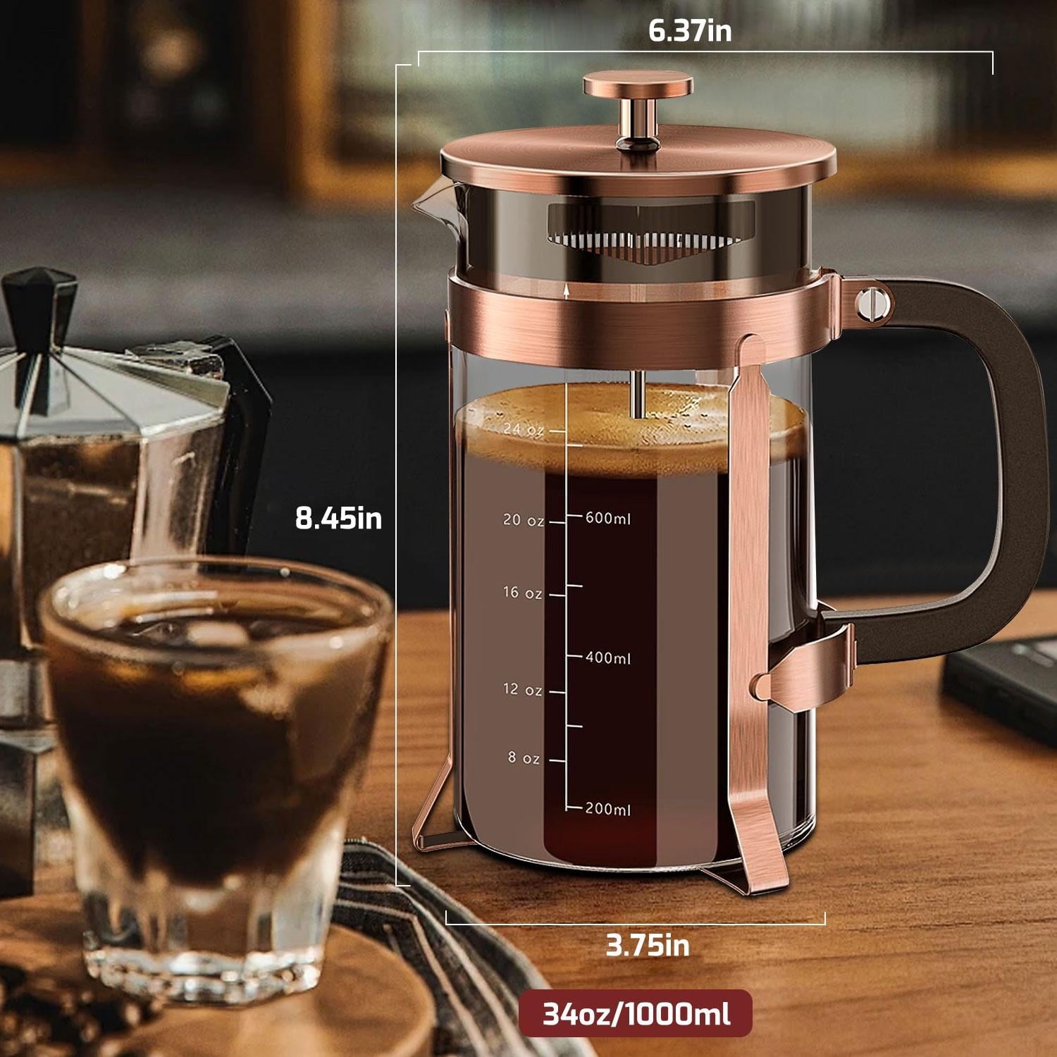 HadinEEon French Press Coffee Maker, 34oz Stainless Steel French Press with 4 Filter, Copper