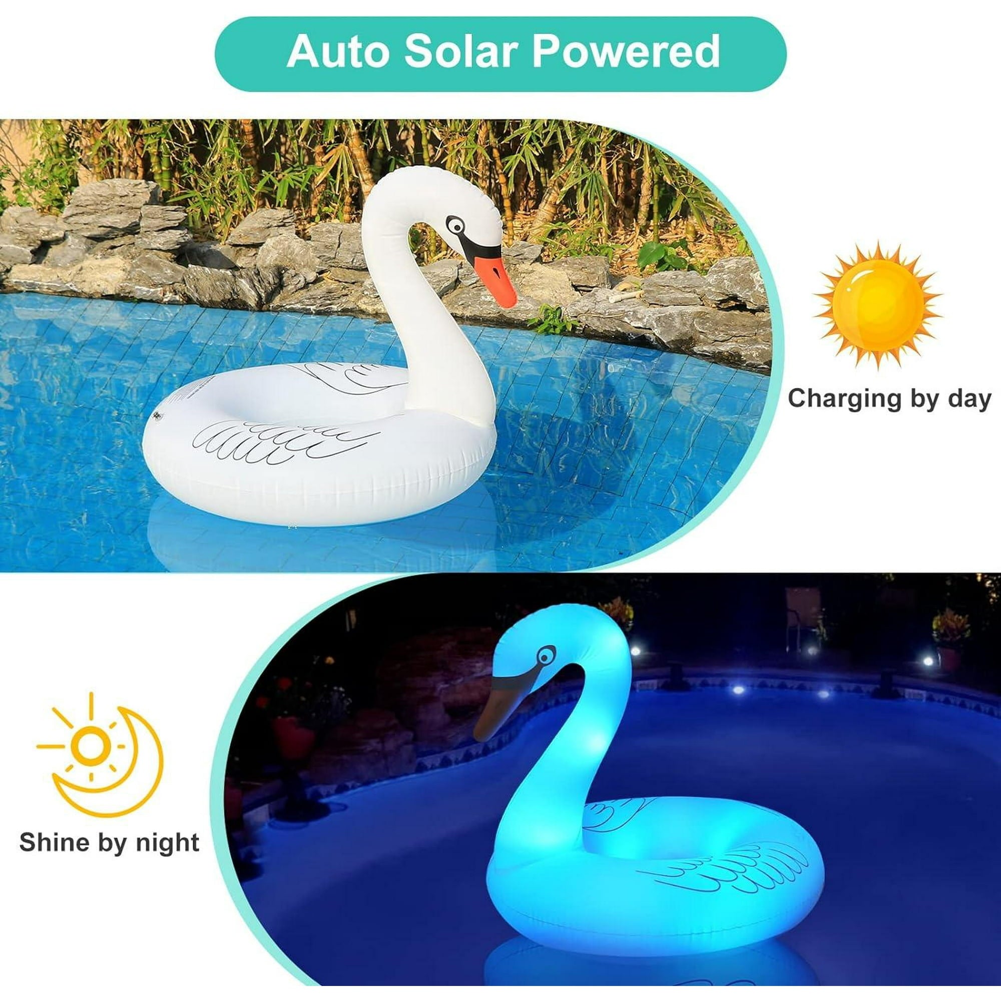 Swan Pool Floats with Solar Powered LED Color Changing Lights, 42'' Large Inflatable Pool Floaties Lake and Beach Floaty Summer Pool Lounge for Adults