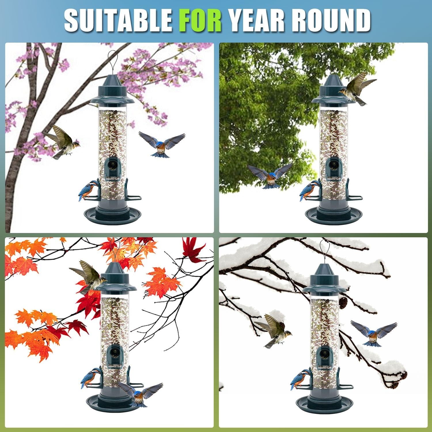 Bird Feeder, HadinEEon Tube Wild Bird Seed Feeder, Squirrel Proof Outdoor Hanging Bird Feeders with 4 Feeding Ports, Weatherproof, ABS Plastics, 15 inches