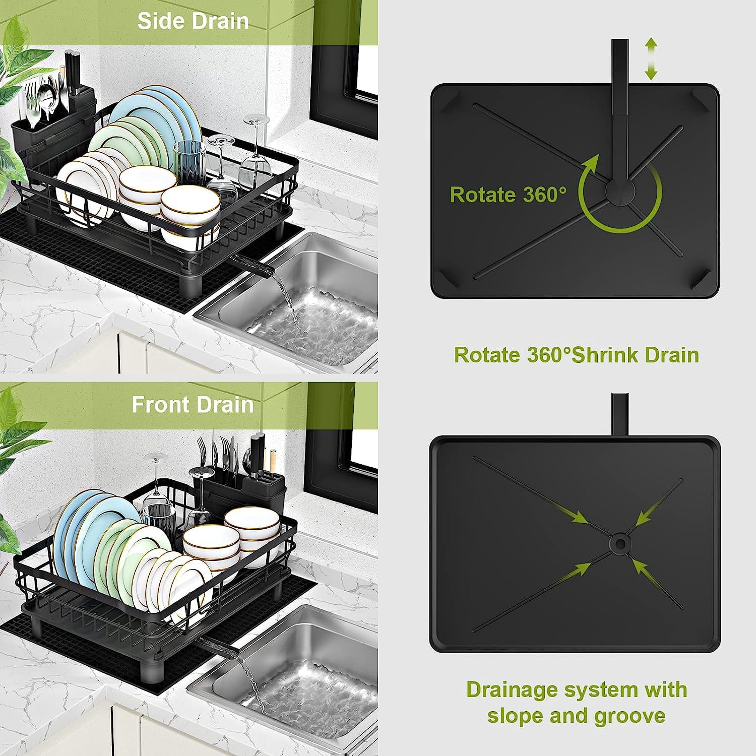 Dish Drying Rack, Dish Rack,Dish Racks for Kitchen Counter,Dish Drainer with Removable Utensil Holder,Dish Drying Rack with Drainboard and Swivel Spout(Black)