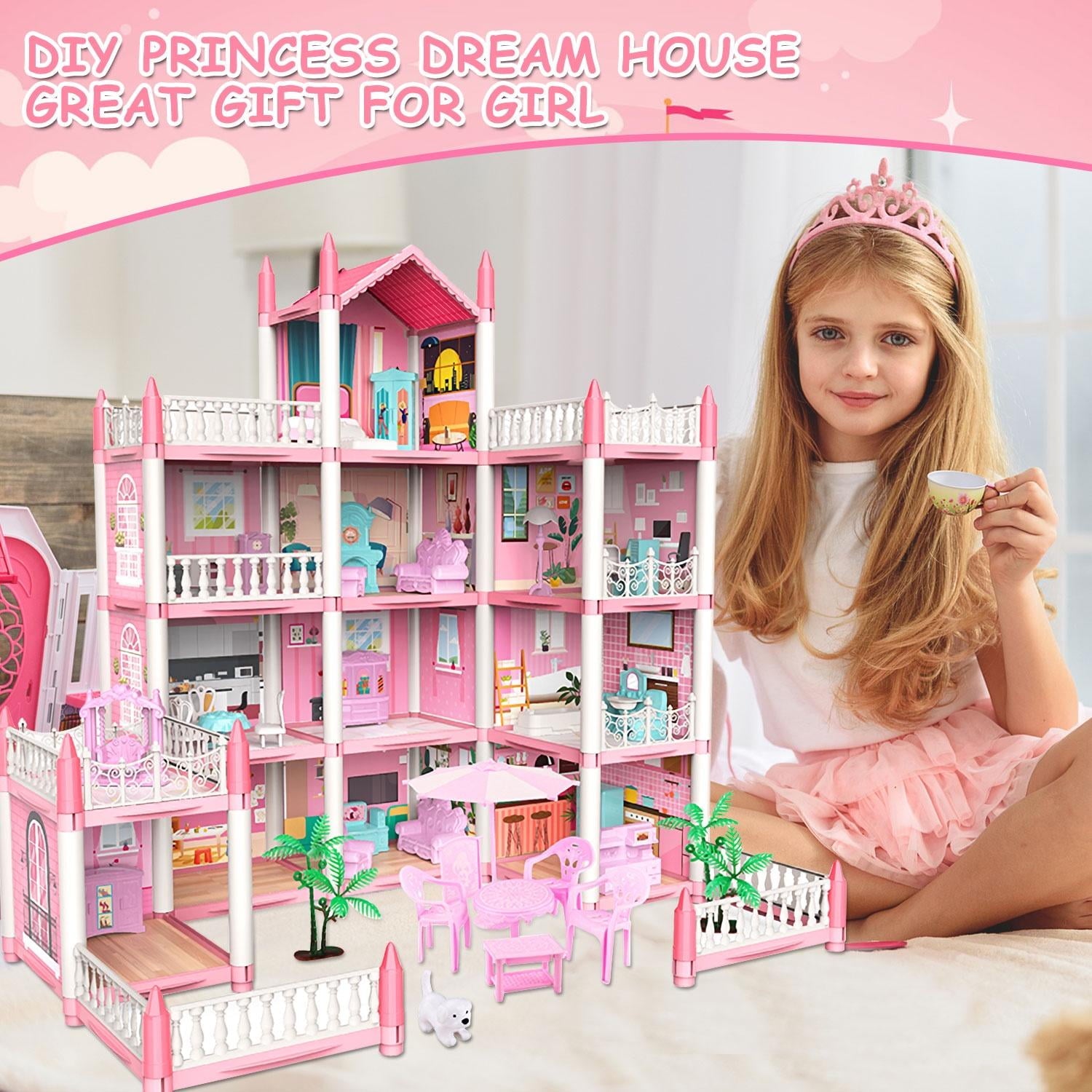 Kid Odyssey Play Dollhouse with 4 Doll Toy Figures, 11 Rooms Furniture and and Colorful Lights, Creative Doll House Gift for Girls Ages 3+, Assemble Required, Pink