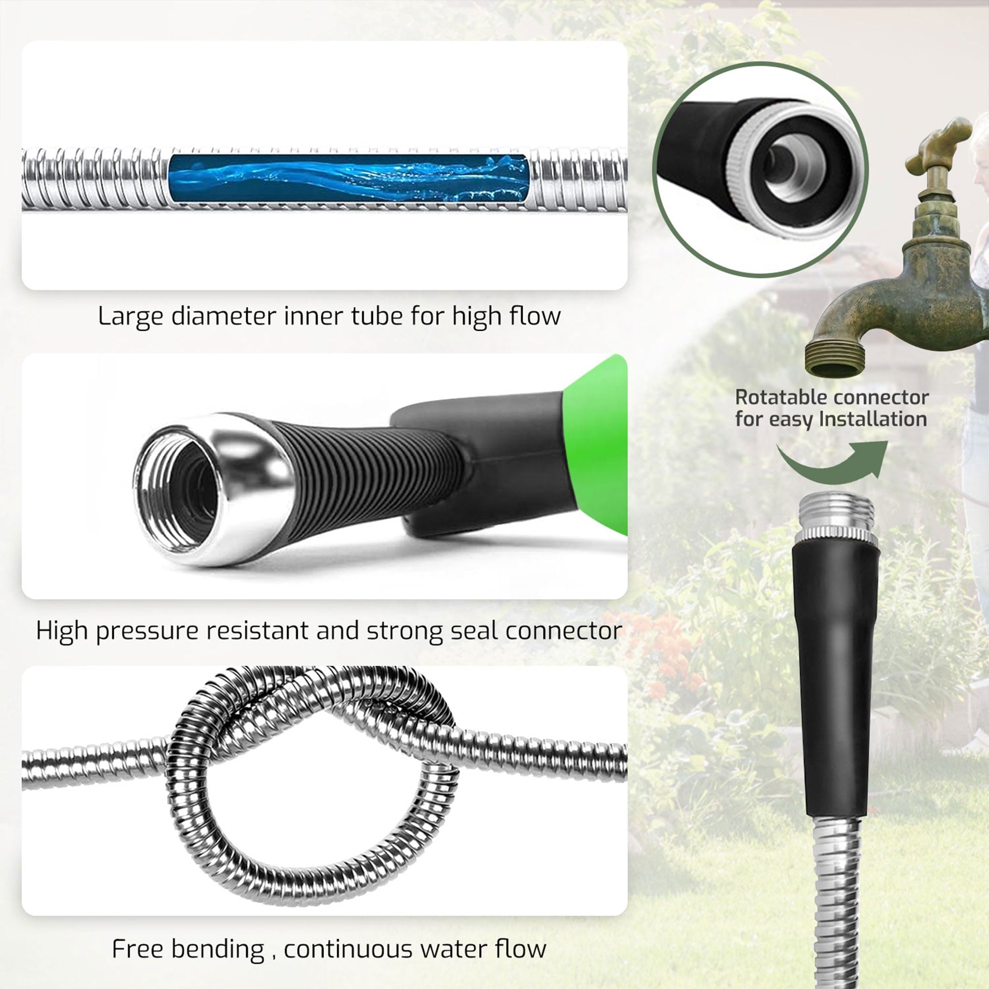GVDV Metal Garden Hose, 3/4 inch x 50ft Water Hose with Spray Nozzle, Leak Proof, Tangle Free, 550PSI