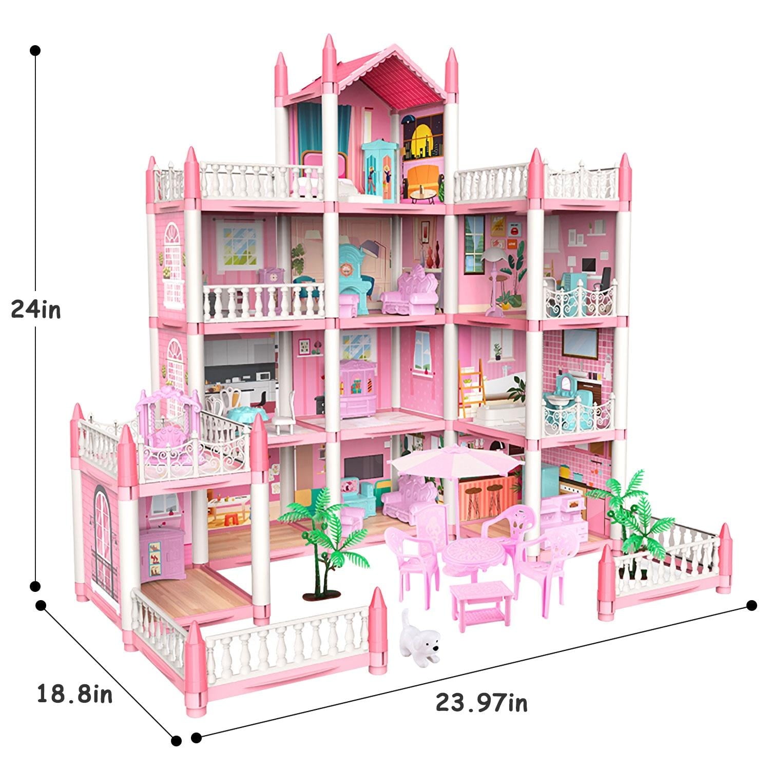 Kid Odyssey Play Dollhouse with 4 Doll Toy Figures, 11 Rooms Furniture and and Colorful Lights, Creative Doll House Gift for Girls Ages 3+, Assemble Required, Pink