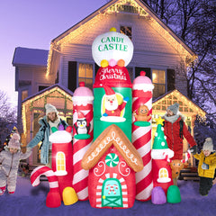 GVDV 10 FT Christmas Inflatable Candy Castle with Santa, Reindeer, Penguin, and Gingerbread - LED Lit Outdoor Yard Decoration, Perfect for Holiday Season