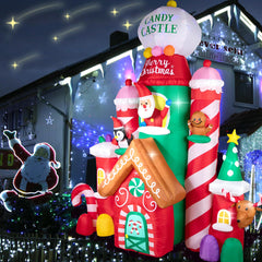 GVDV 10 FT Christmas Inflatable Candy Castle with Santa, Reindeer, Penguin, and Gingerbread - LED Lit Outdoor Yard Decoration, Perfect for Holiday Season