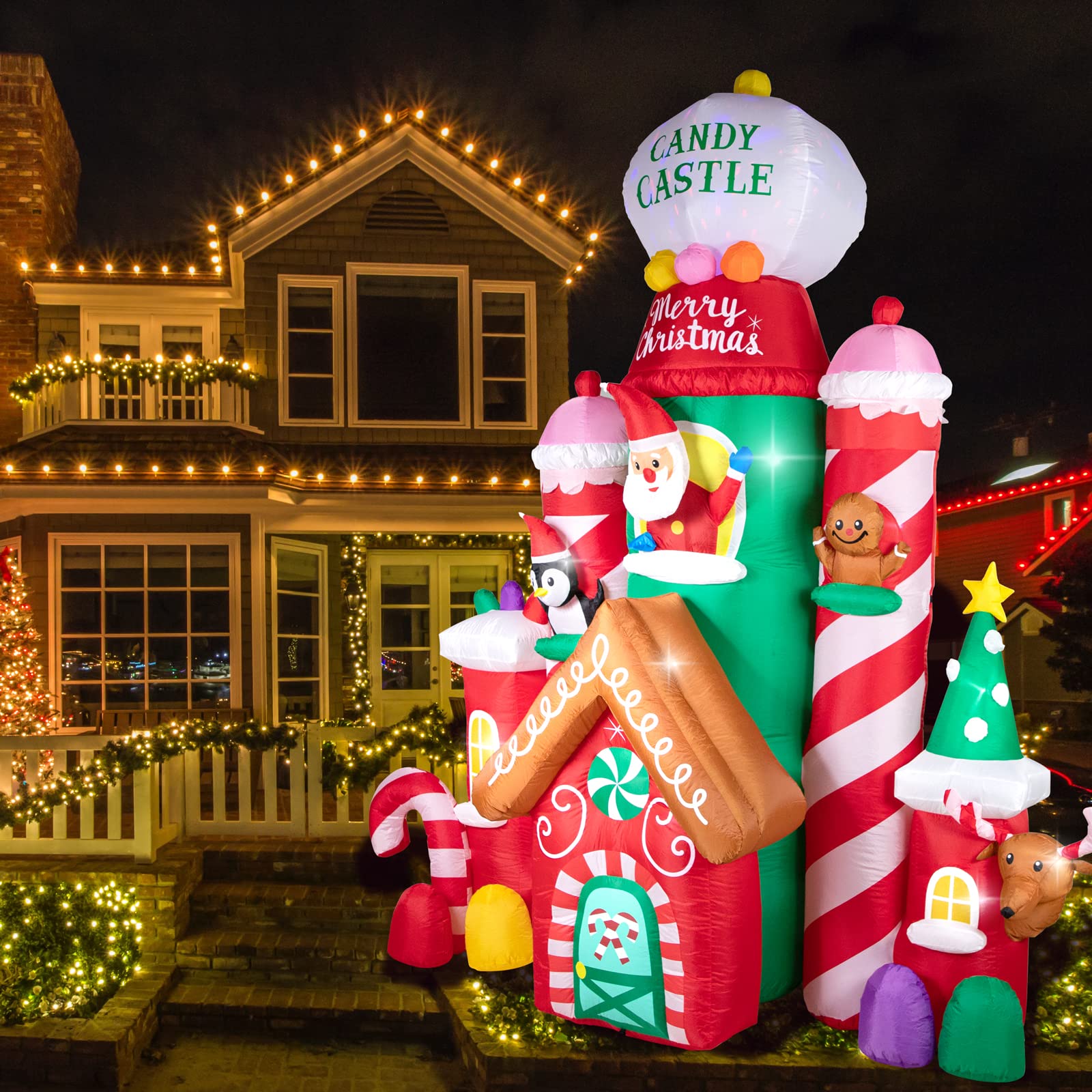 GVDV 10 FT Christmas Inflatable Candy Castle with Santa, Reindeer, Penguin, and Gingerbread - LED Lit Outdoor Yard Decoration, Perfect for Holiday Season