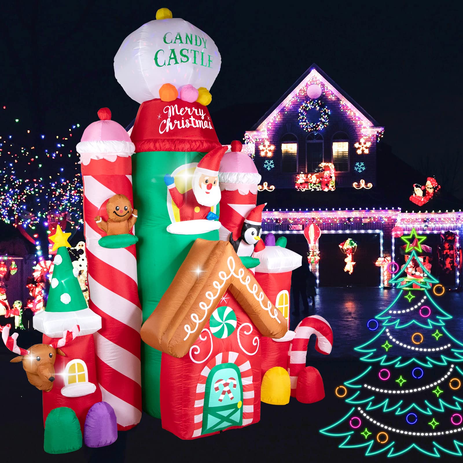 GVDV 10 FT Christmas Inflatable Candy Castle with Santa, Reindeer, Penguin, and Gingerbread - LED Lit Outdoor Yard Decoration, Perfect for Holiday Season