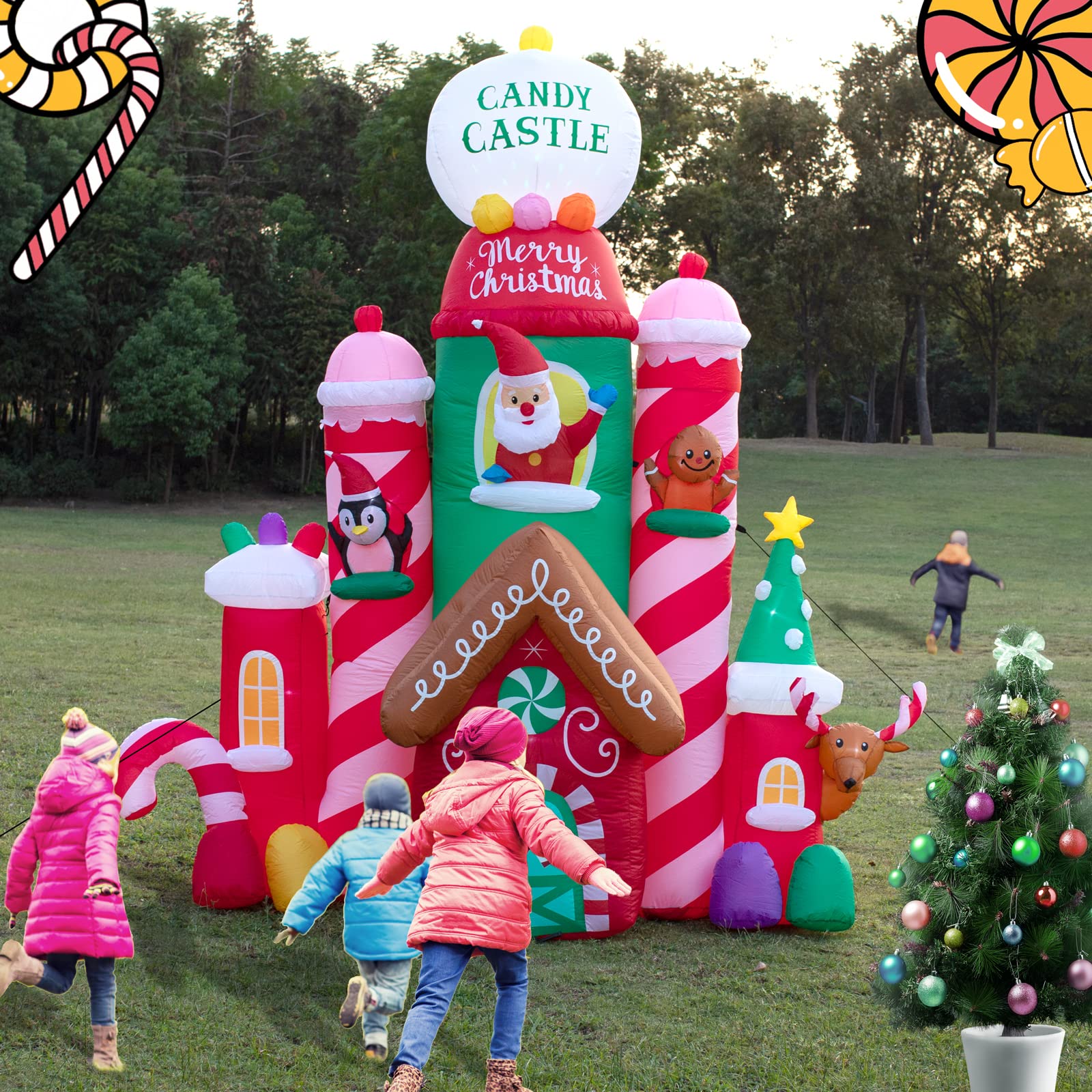 GVDV 10 FT Christmas Inflatable Candy Castle with Santa, Reindeer, Penguin, and Gingerbread - LED Lit Outdoor Yard Decoration, Perfect for Holiday Season