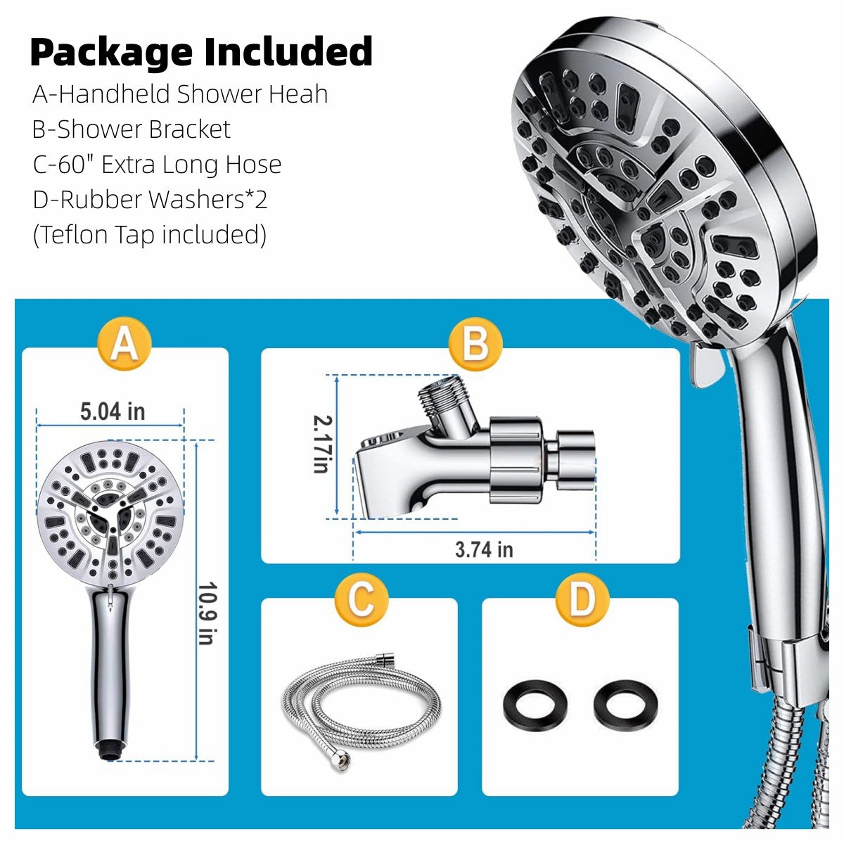 HadinEEon 10-Spray Mode High Pressure Shower Head, Built-in Power Wash, Chrome